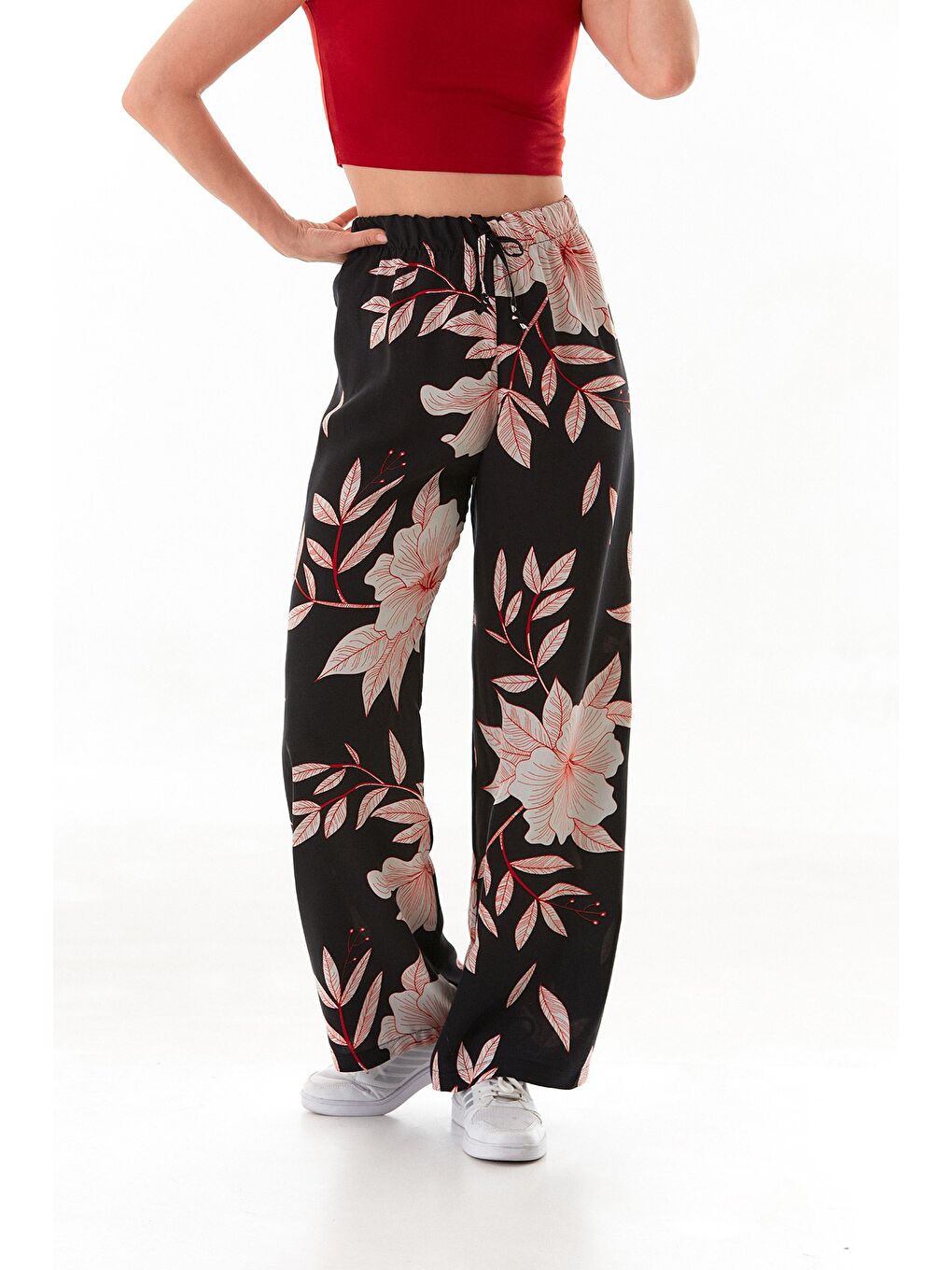 Kırmızı Desenli Beli Lastikli Palazzo Pantolon-3