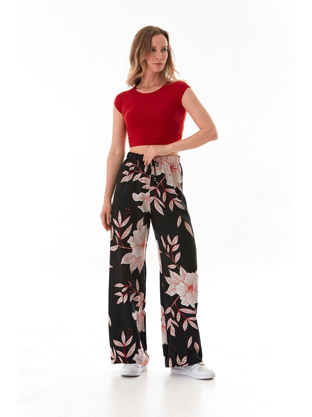 Kırmızı Desenli Beli Lastikli Palazzo Pantolon-4