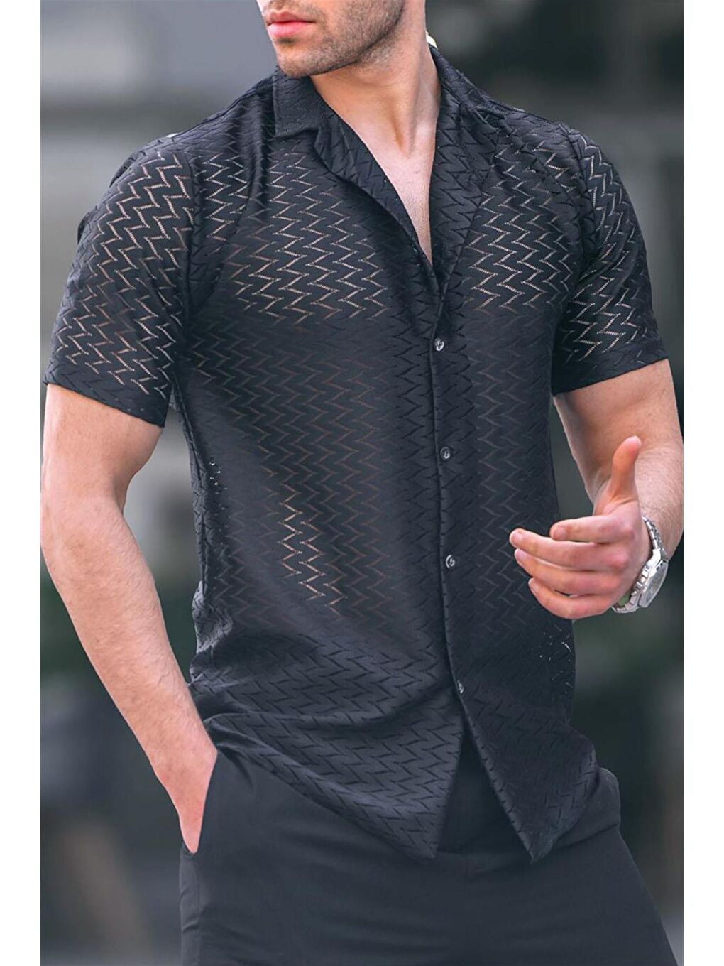 Siyah Kısa Kollu Desenli Gömlek 5597-2