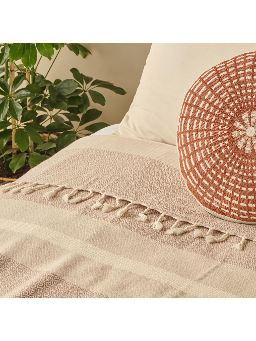 %100 Pamuk Carino Çift Kişilik Yatak Örtüsü Bej-1