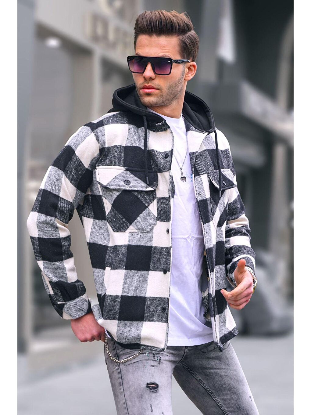 Beyaz Ekoseli Kapüşonlu Erkek Gömlek 5584