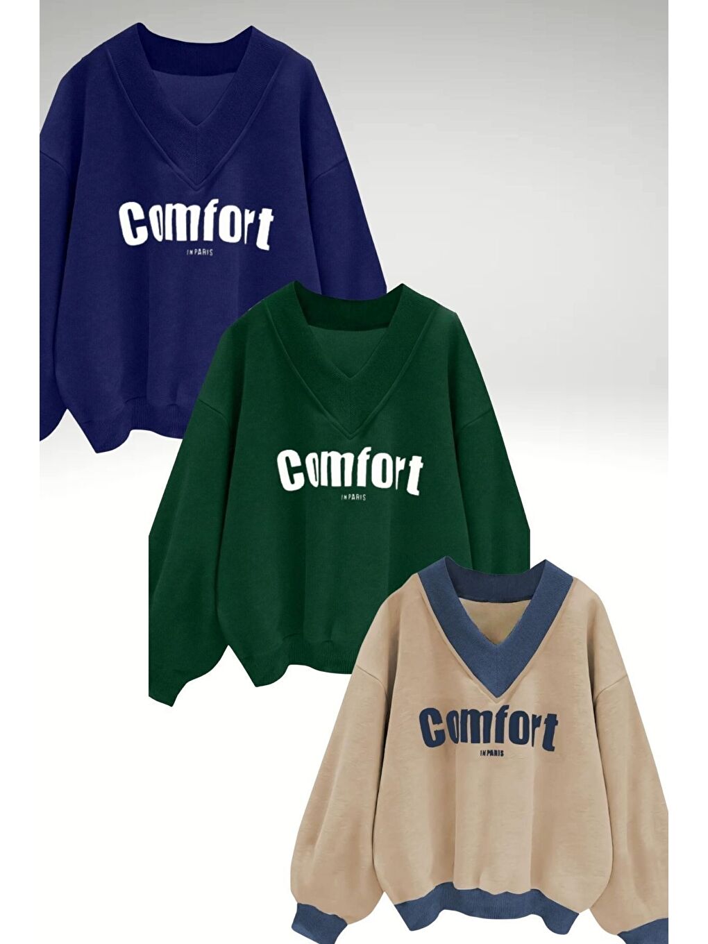Karışık Kadın 3 Iplik Lacivert Yeşil Vizon 3'lü Comfort In Paris Baskılı V Yaka Oversize Sweatshirt