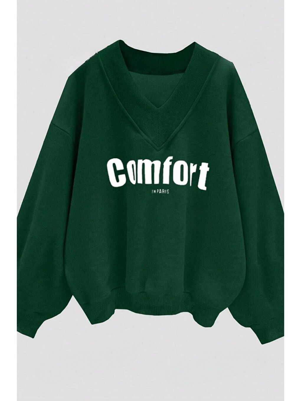 Karışık Kadın 3 Iplik Lacivert Yeşil Vizon 3'lü Comfort In Paris Baskılı V Yaka Oversize Sweatshirt-2