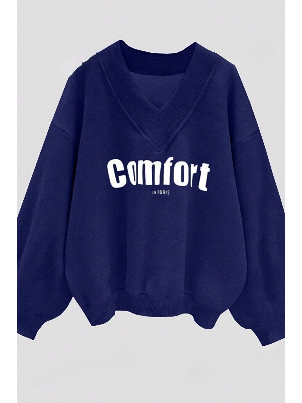 Karışık Kadın 3 Iplik Lacivert Yeşil Vizon 3'lü Comfort In Paris Baskılı V Yaka Oversize Sweatshirt-3