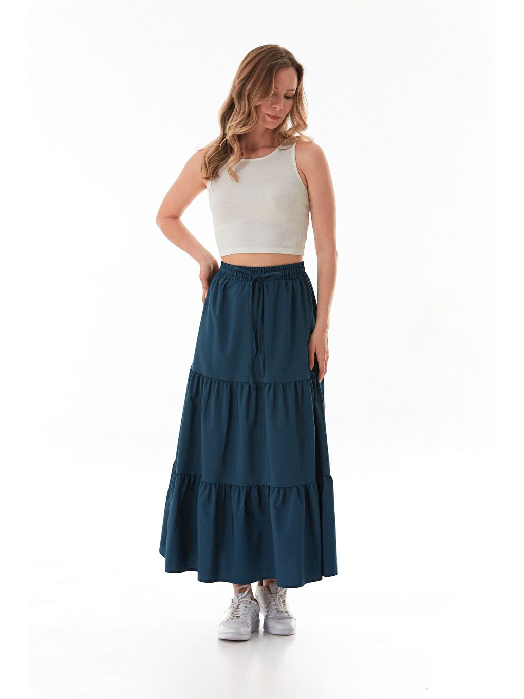 İndigo Terikoton Kumaş Fırfırlı Etek-1