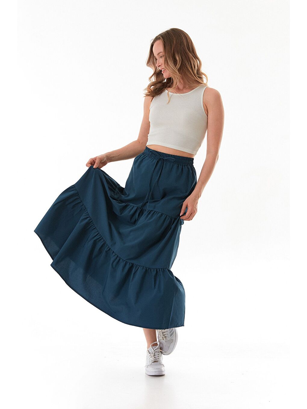 İndigo Terikoton Kumaş Fırfırlı Etek-2