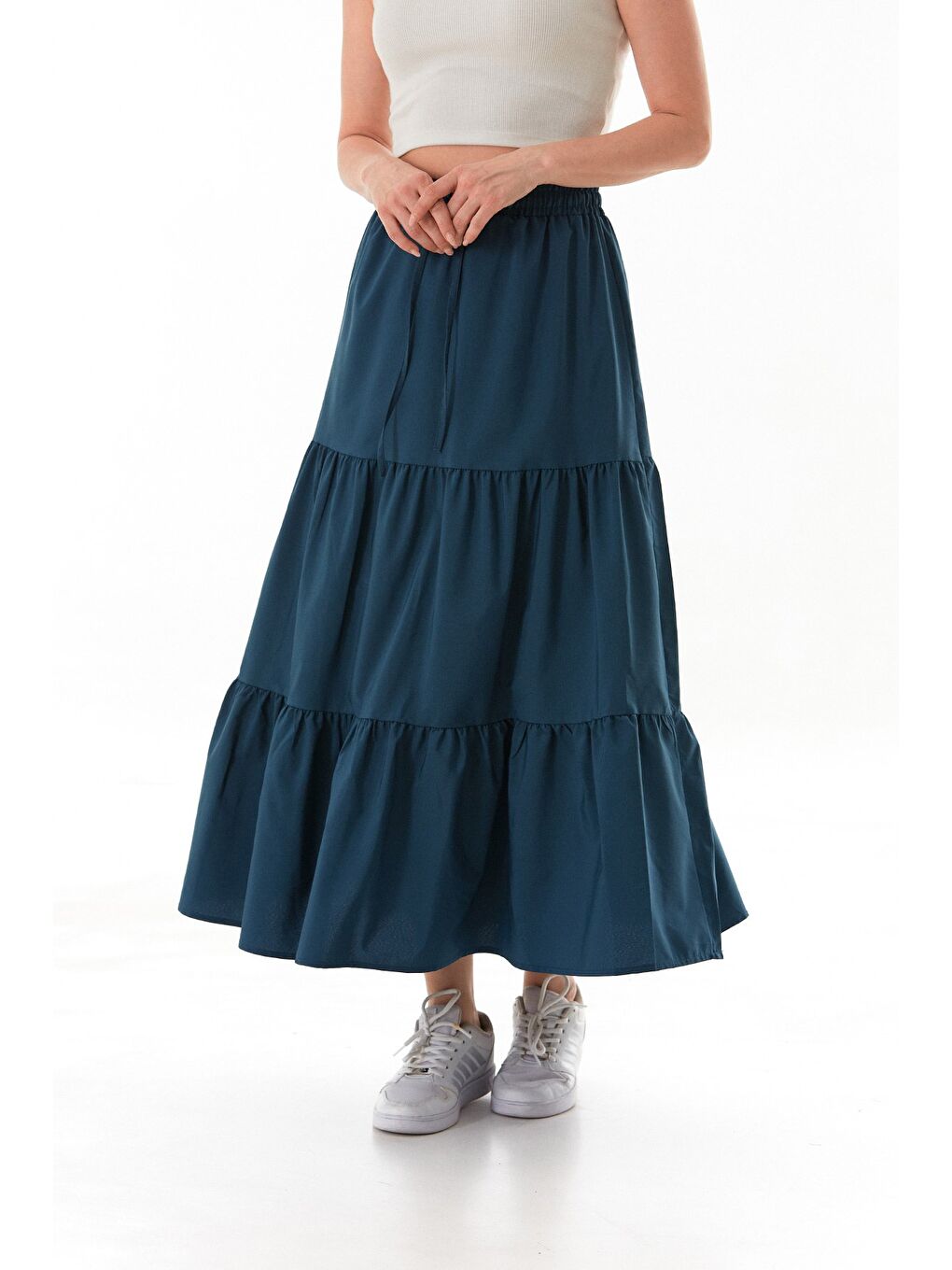 İndigo Terikoton Kumaş Fırfırlı Etek-3