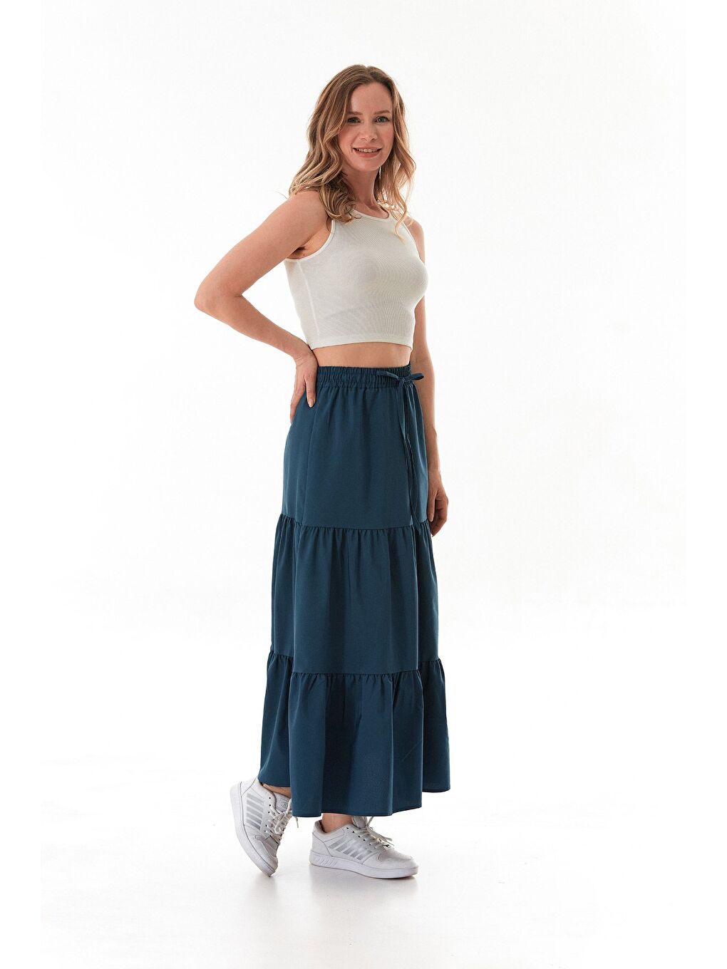 İndigo Terikoton Kumaş Fırfırlı Etek-4