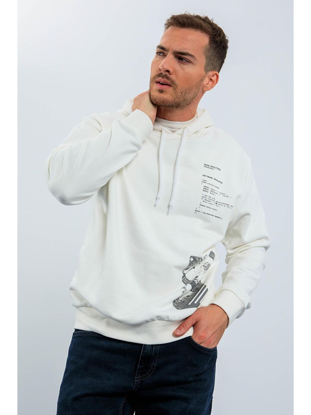 TOMMYLIFE Ekru Desen Baskılı Kapüşonlu Rahat Form Erkek Sweatshirt - 88018