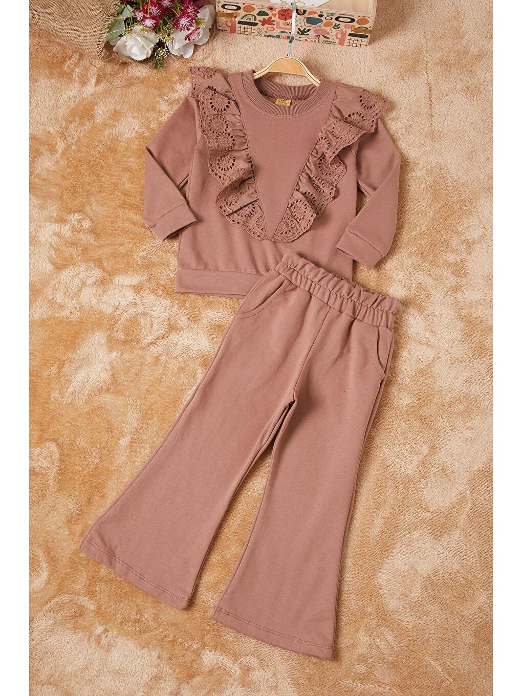 Kahverengi Önü Güpürlü İspanyol Paça Kız Çocuk Takım 16533