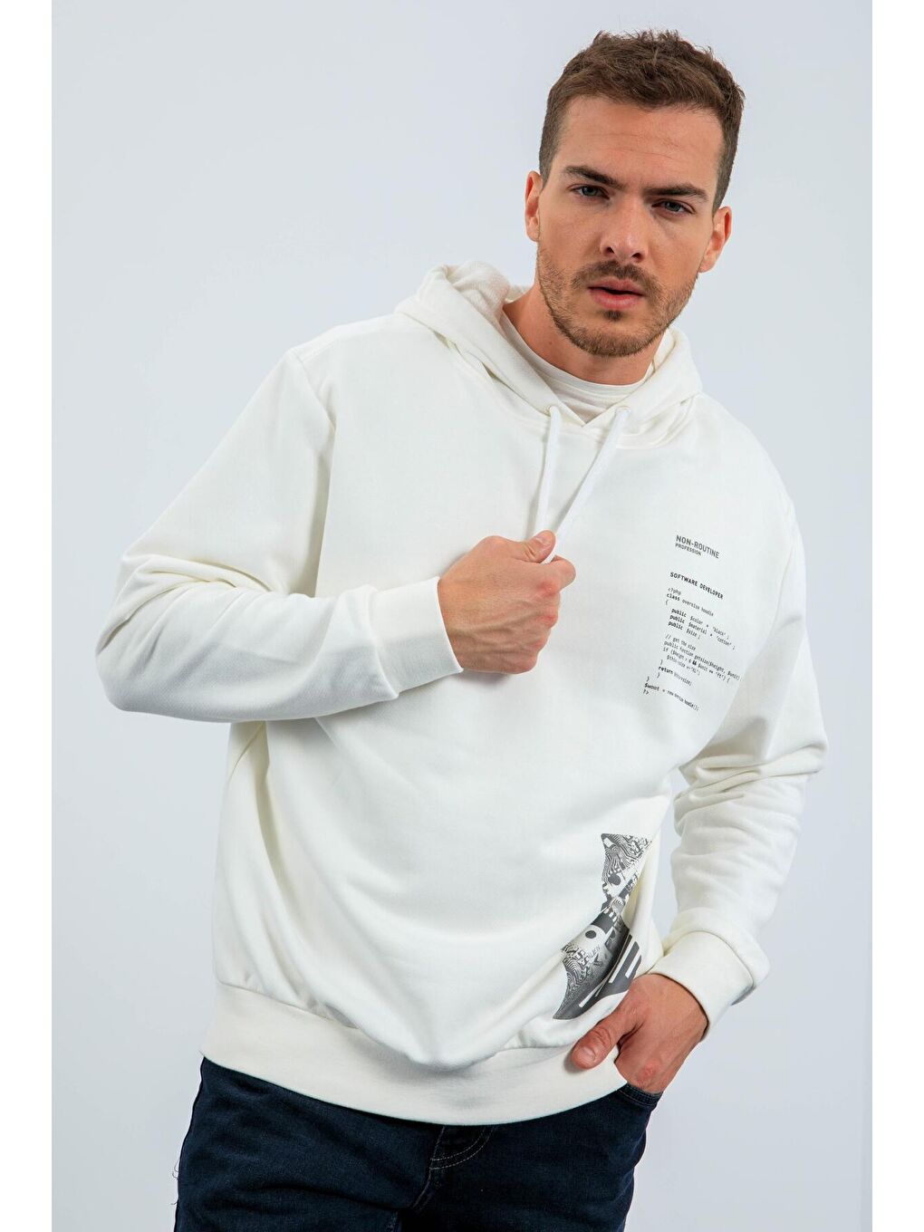 TOMMYLIFE Ekru Desen Baskılı Kapüşonlu Rahat Form Erkek Sweatshirt - 88018 - 2