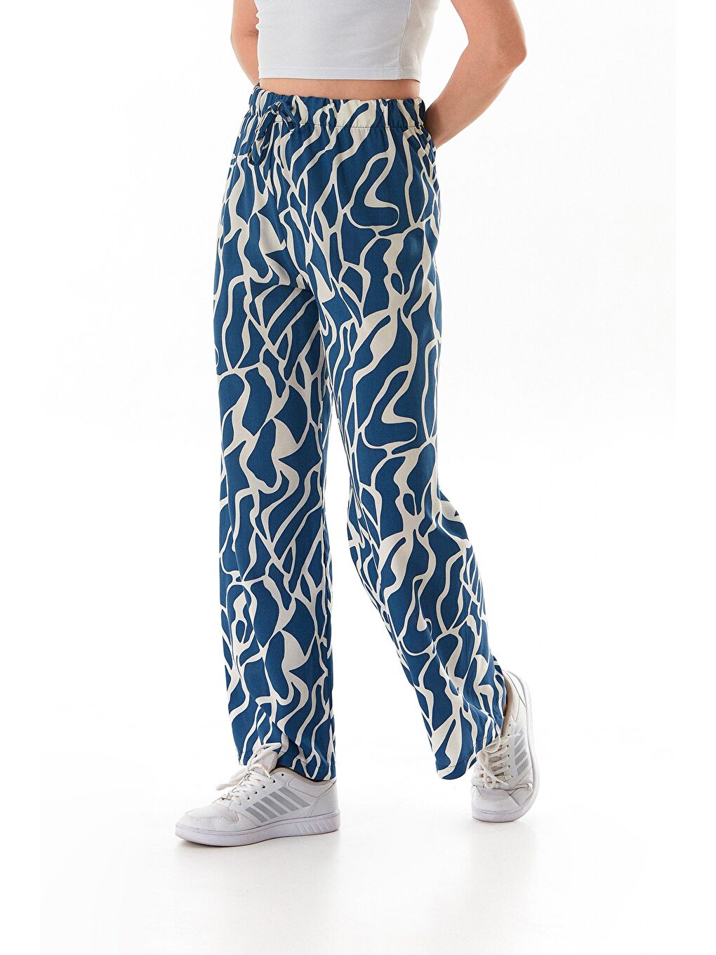 İndigo Desenli Beli Lastikli Palazzo Pantolon-3