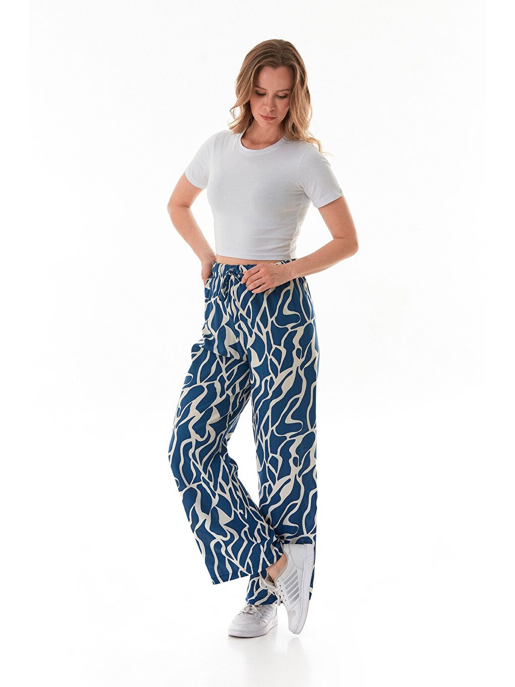 İndigo Desenli Beli Lastikli Palazzo Pantolon-4