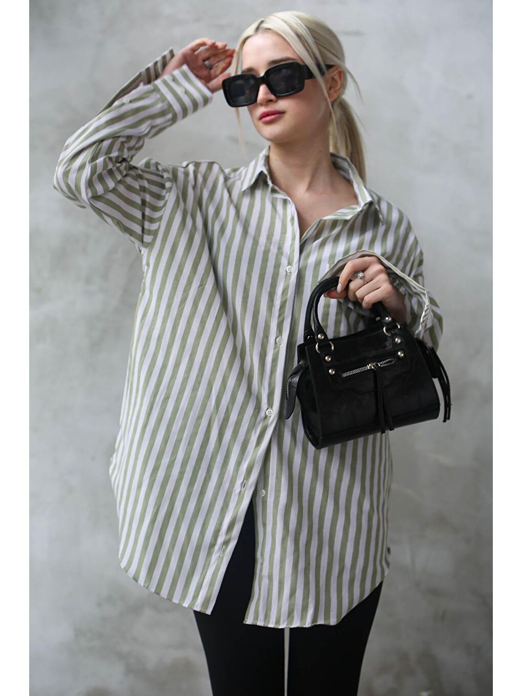 Yeşil Çizgili Oversize Kadın Gömlek Mg1688