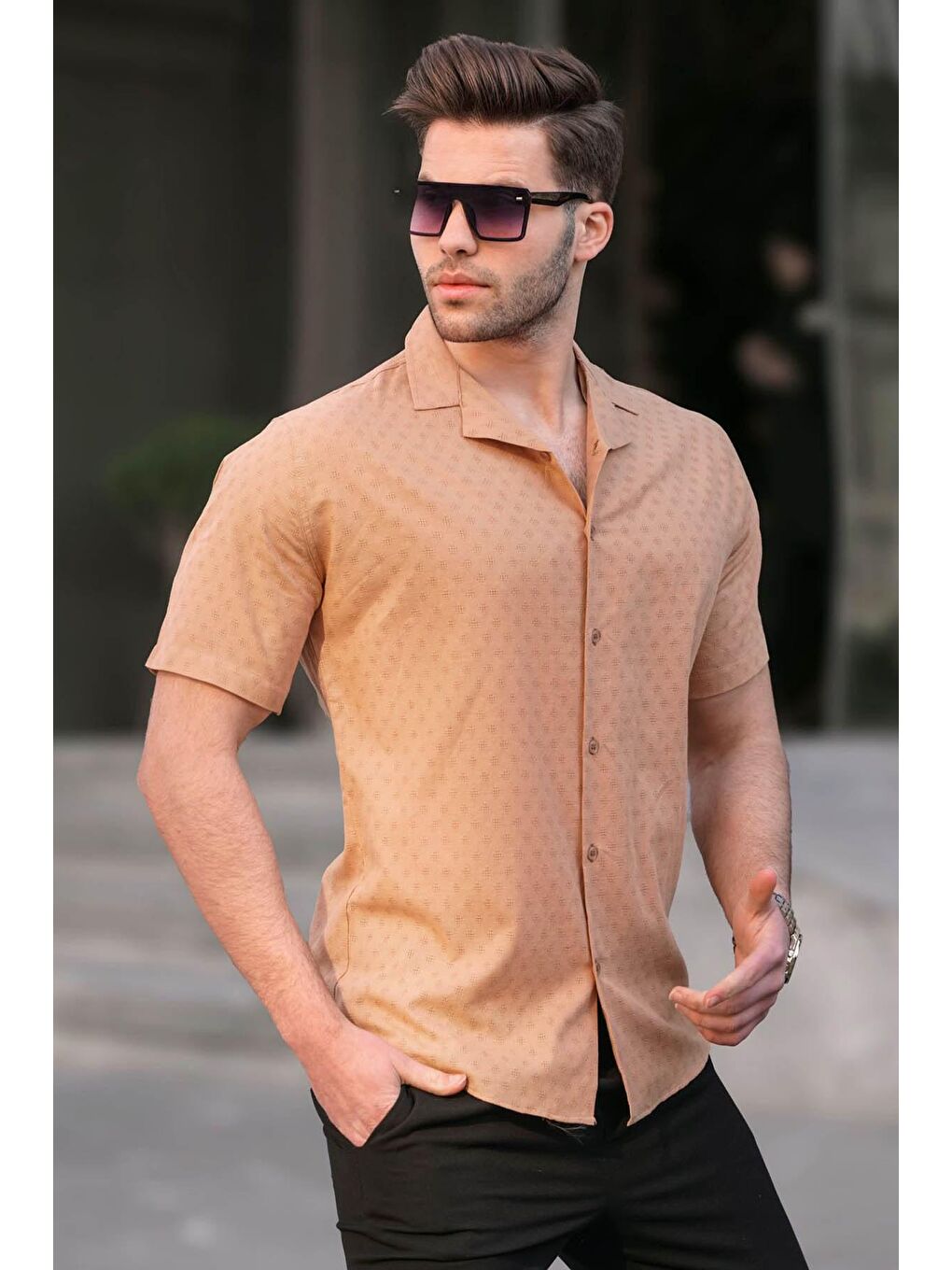 Madmext Deve Tüyü Camel Slim Fit %100 Pamuk Kısa Kol Erkek Gömlek 5585