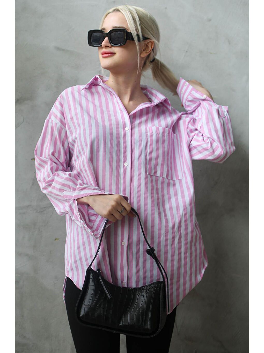 Pembe Çizgili Oversize Kadın Gömlek Mg1688-1