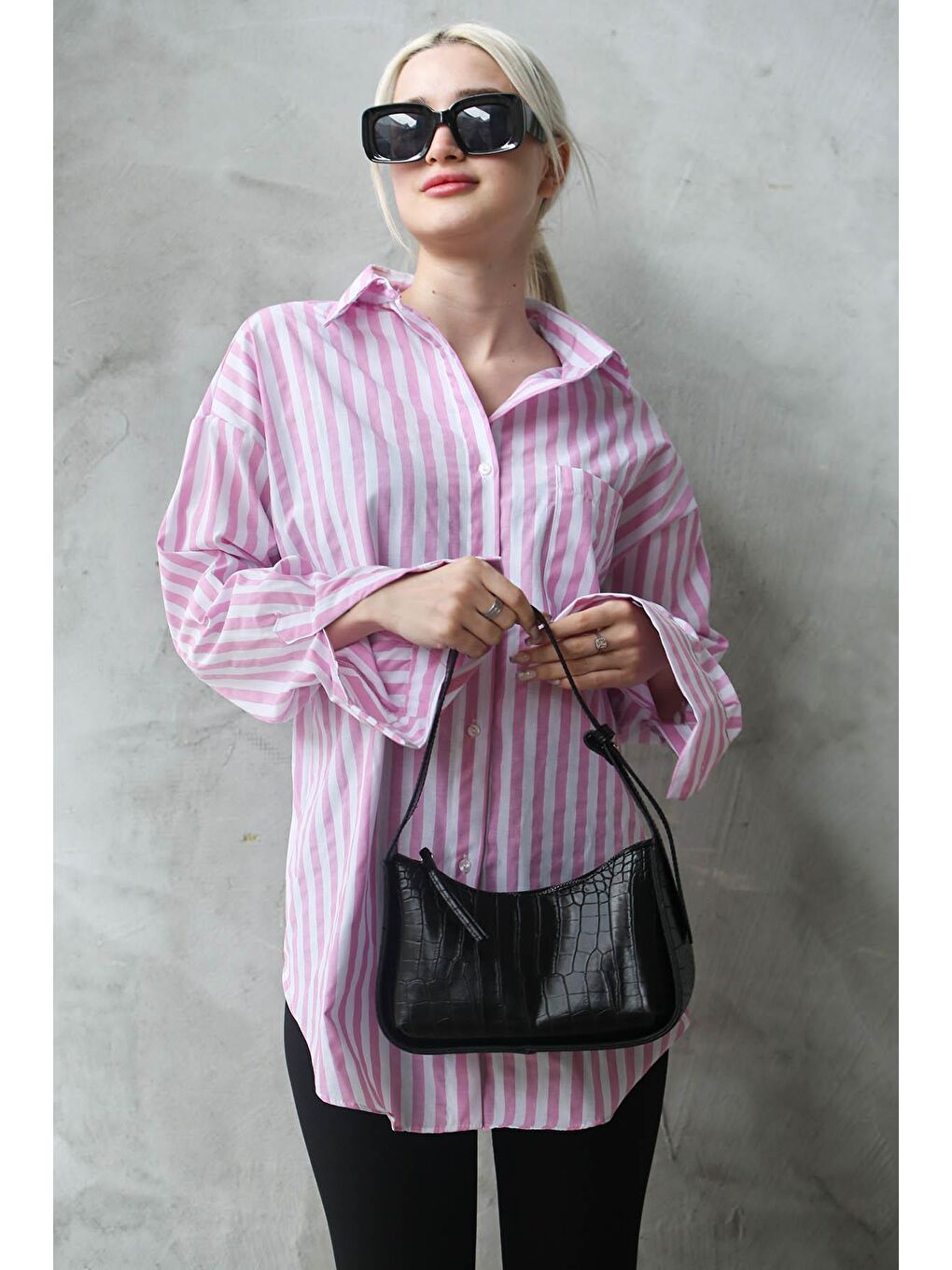 Pembe Çizgili Oversize Kadın Gömlek Mg1688-2