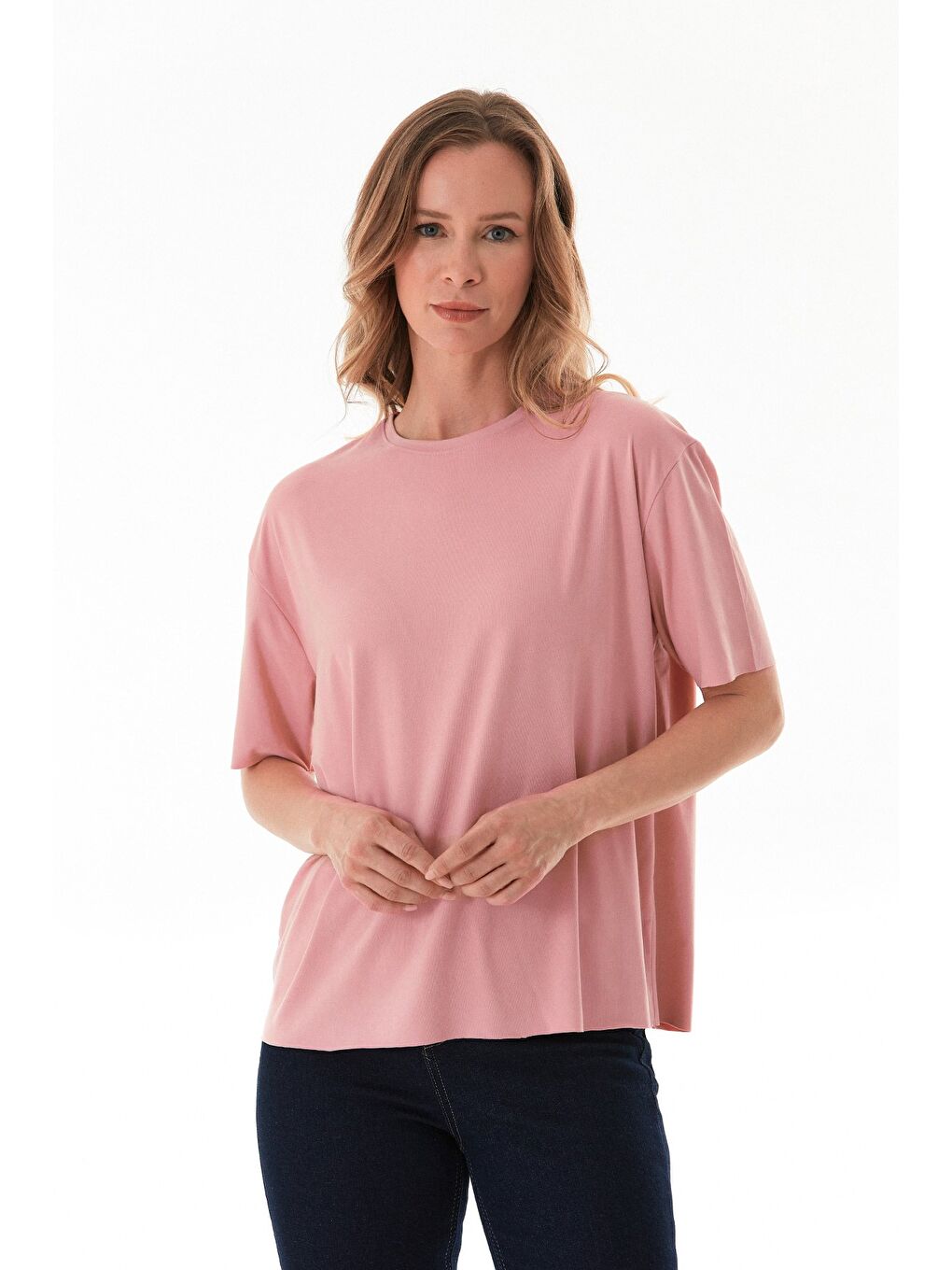 Pembe Basic Bisiklet Yaka Oversize Modal Tişört