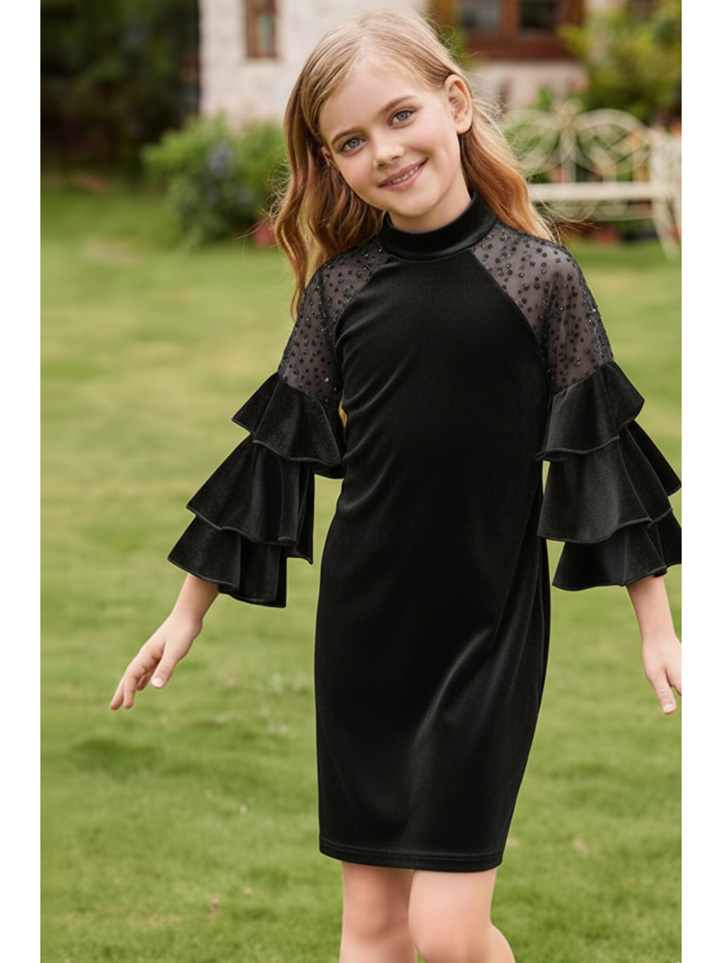 Siyah Kız Çocuk Özel Günler İçin Kadife Çocuk Elbisesi 4-12 Yaş 12107
