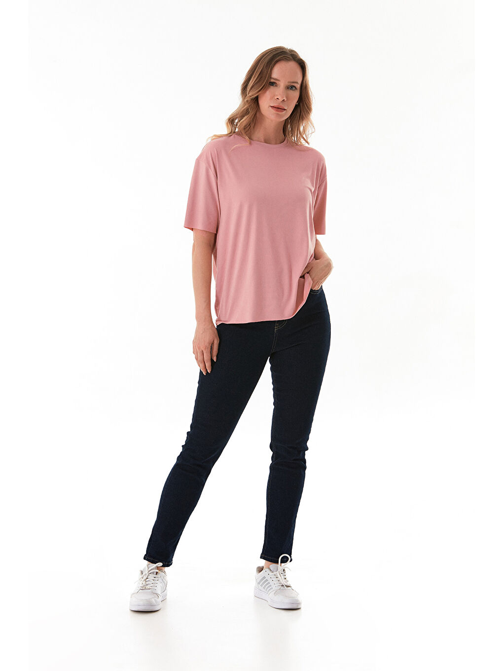 Pembe Basic Bisiklet Yaka Oversize Modal Tişört-1