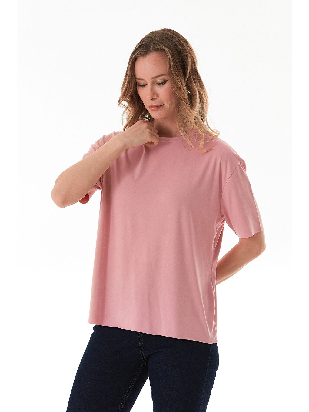Pembe Basic Bisiklet Yaka Oversize Modal Tişört-2