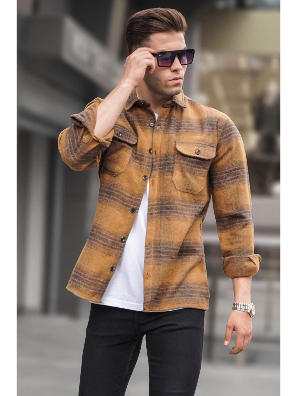 Bej Camel Ekoseli Oduncu Gömlek 5563