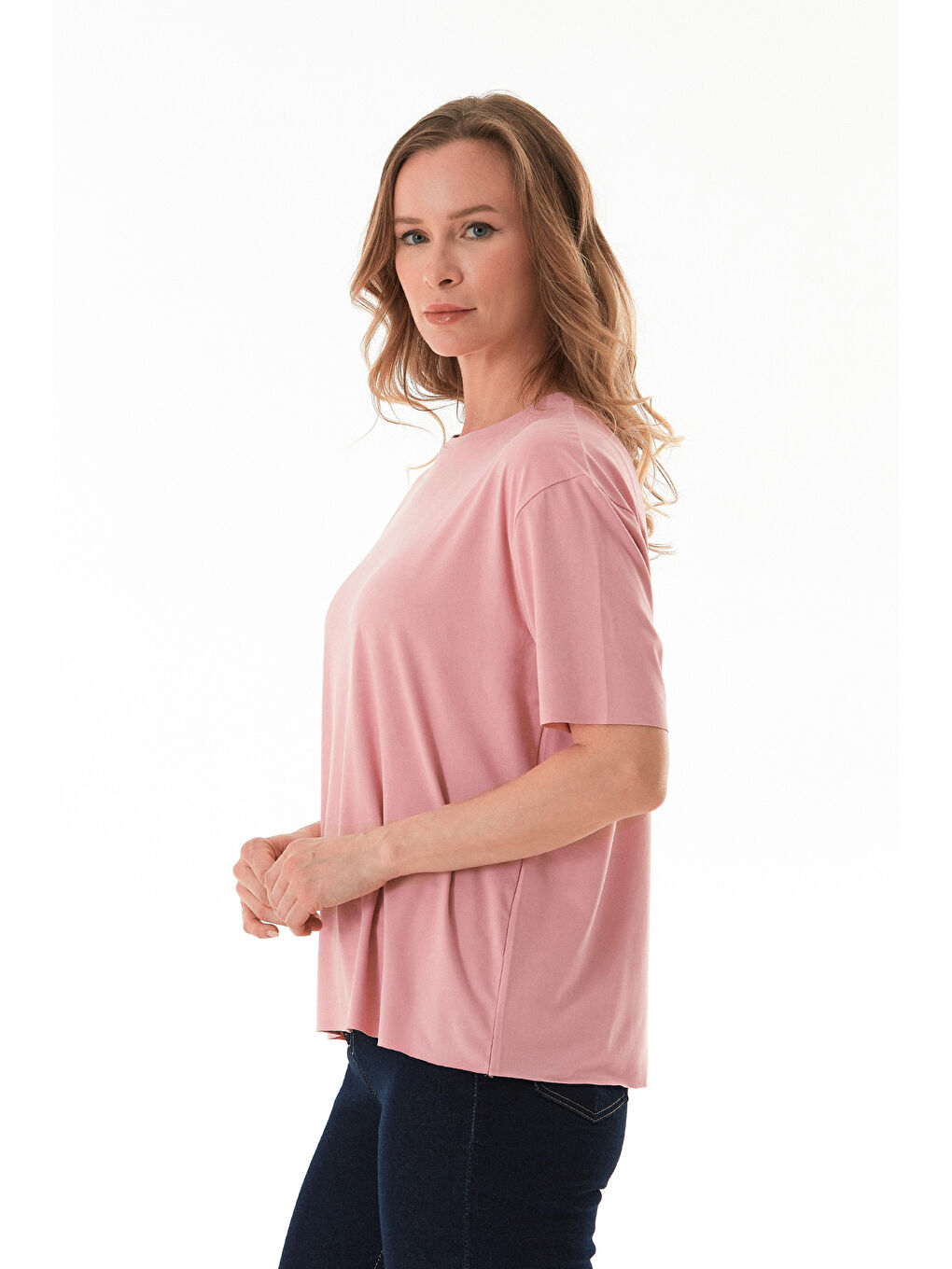 Pembe Basic Bisiklet Yaka Oversize Modal Tişört-3