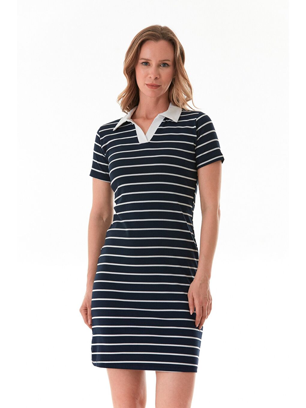 Lacivert Çizgili Polo Yaka Elastanlı Elbise-1