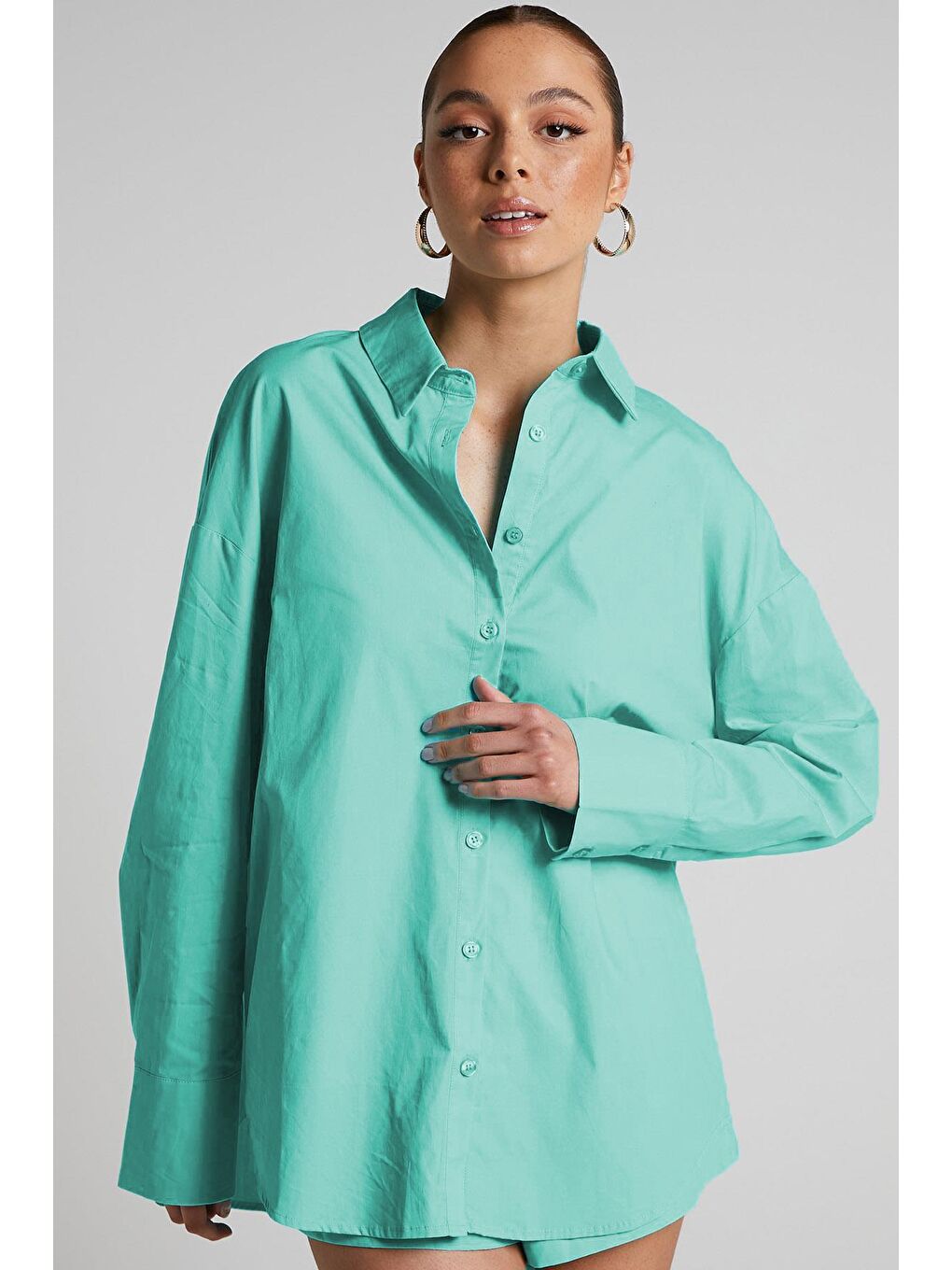 Turkuaz Oversize Basic Kadın Gömlek Mg1794-1