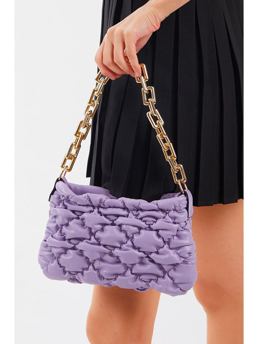 Kadın Lila Pofidik Zincir Detaylı Nakışlı Baget Çanta-1