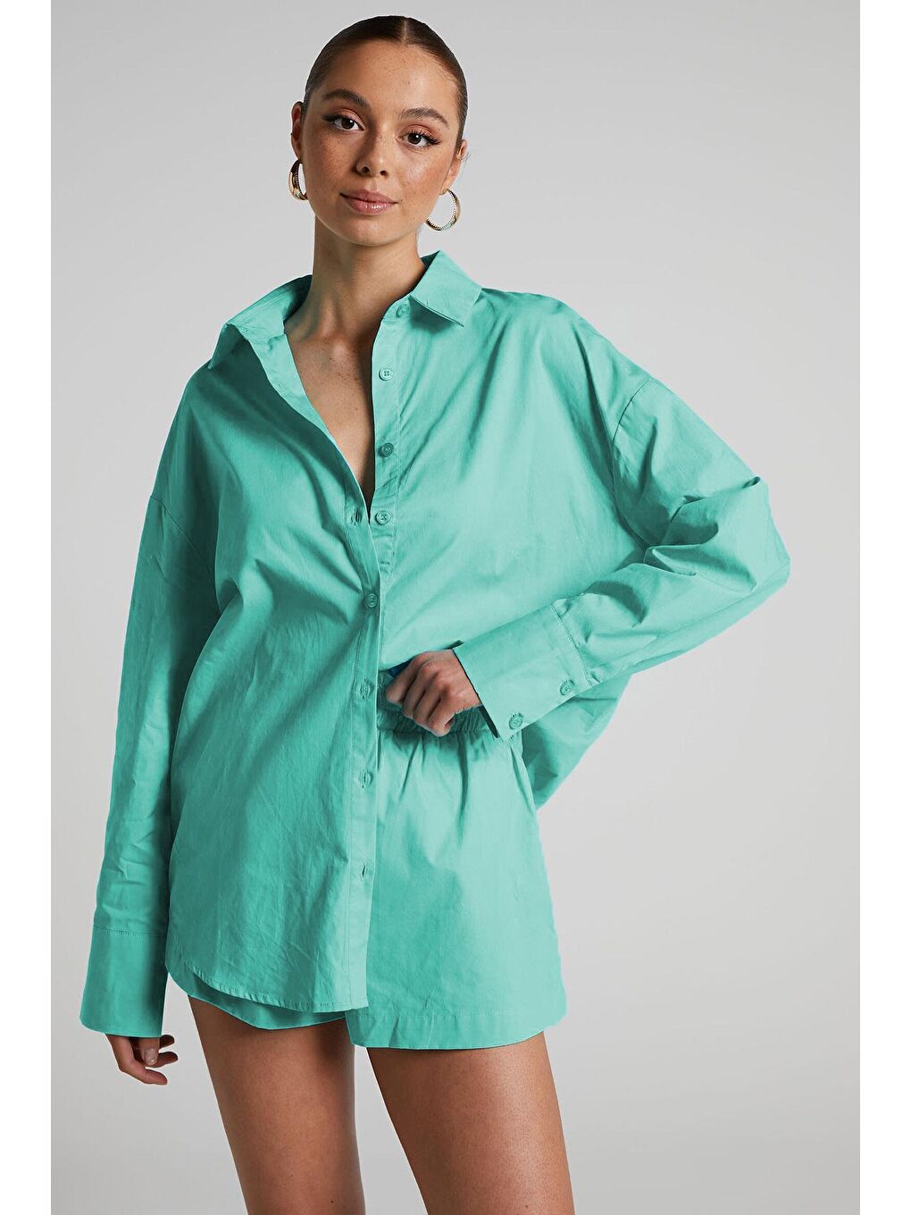 Turkuaz Oversize Basic Kadın Gömlek Mg1794-2