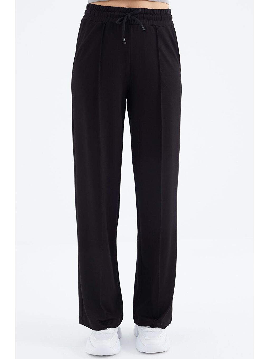 Siyah Bağcıklı Cep Detaylı Geniş Paça Kadın Eşofman Alt - 02370