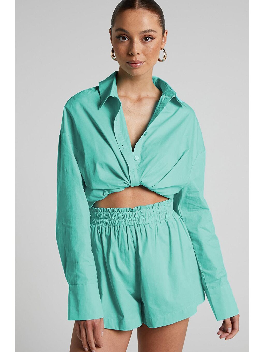 Turkuaz Oversize Basic Kadın Gömlek Mg1794-3