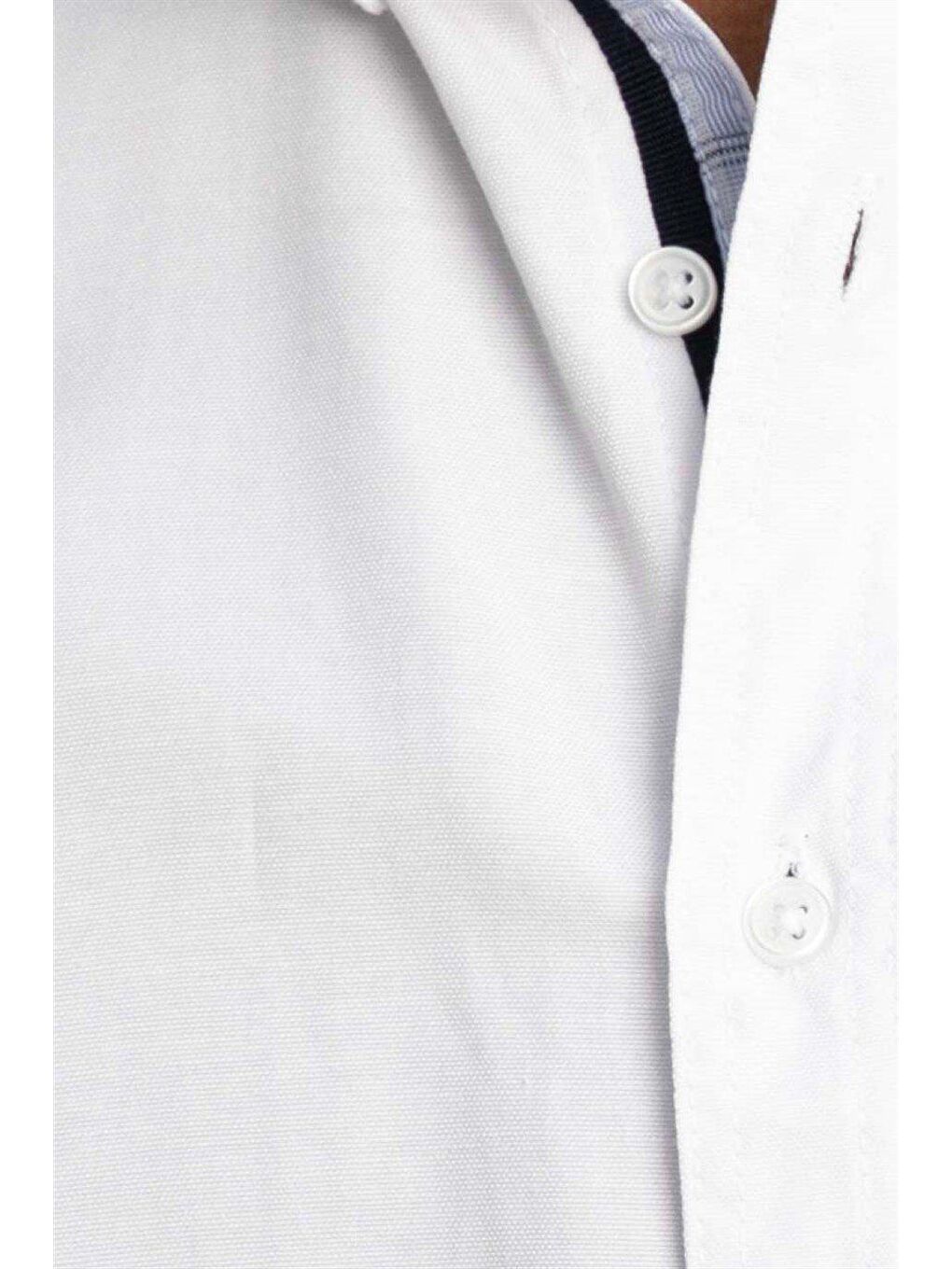 Erkek Slim Fit Dar Kesim Kısa Kollu Pamuklu Oxford Doku Kolay Ütülenebilir Beyaz Düğmeli Yaka Gömlek-4