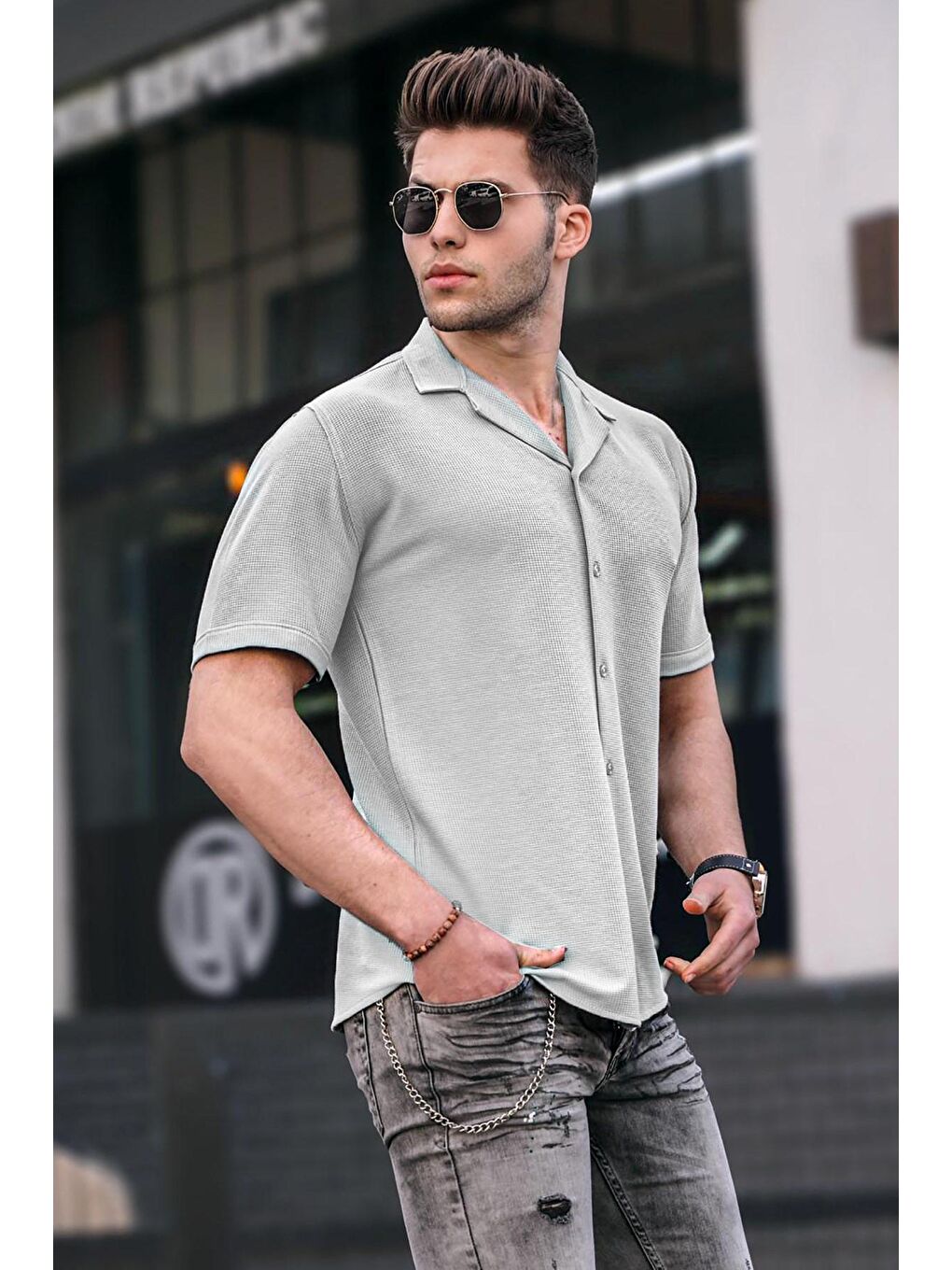 Erkek Gri Kısa Kollu Gömlek 5500