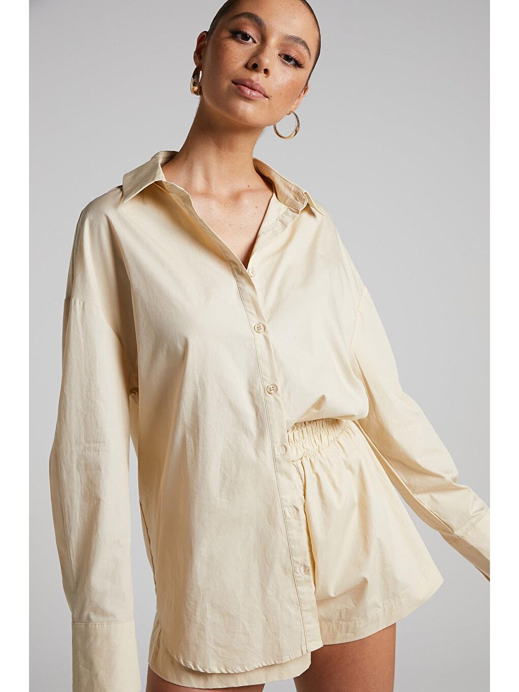 Bej Oversize Basic Kadın Gömlek Mg1794-1