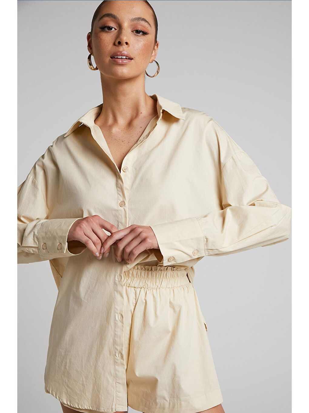 Bej Oversize Basic Kadın Gömlek Mg1794