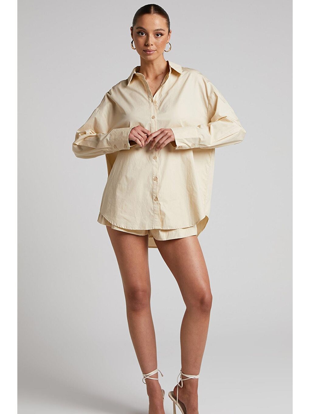 Bej Oversize Basic Kadın Gömlek Mg1794-2