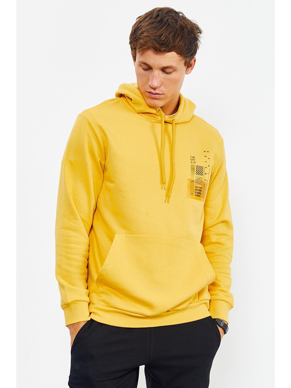 TOMMYLIFE Sarı Hardal Ön Ve Sırt Baskılı Kapüşonlu Rahat Form Erkek Sweatshirt - 88017