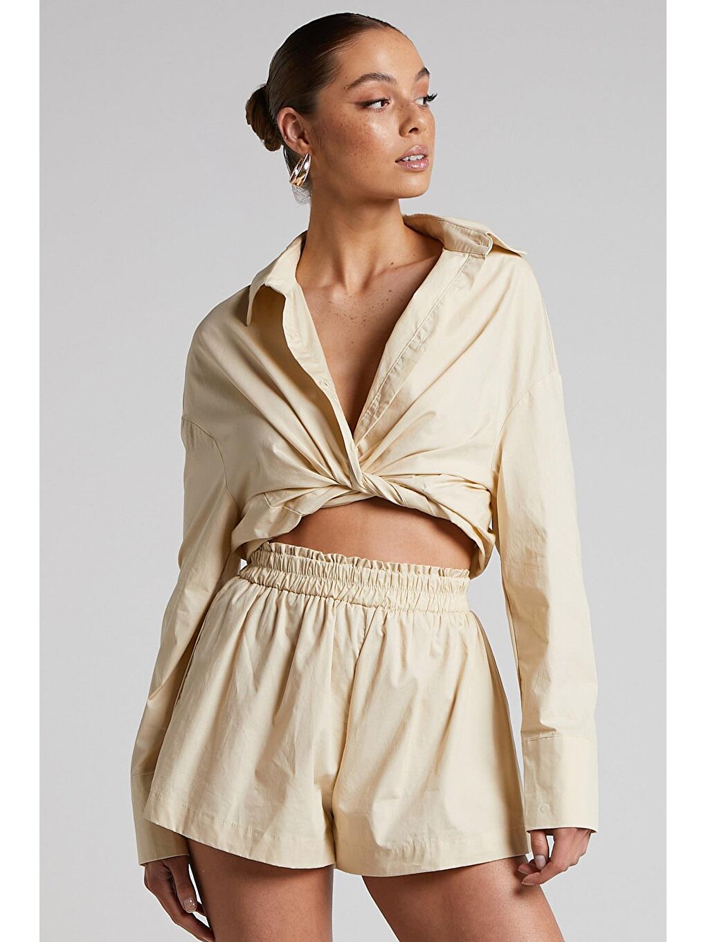 Bej Oversize Basic Kadın Gömlek Mg1794-3