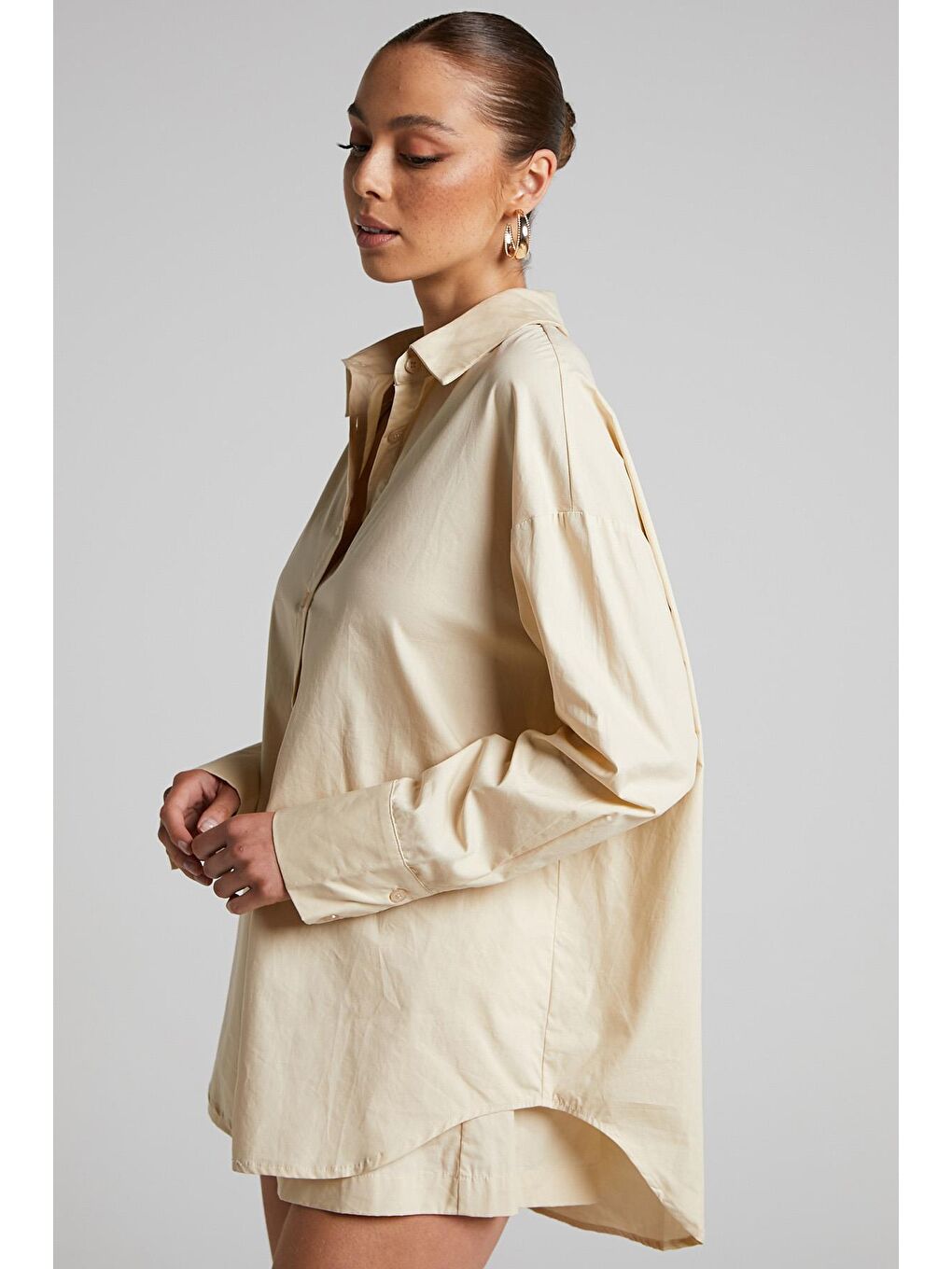 Bej Oversize Basic Kadın Gömlek Mg1794-4