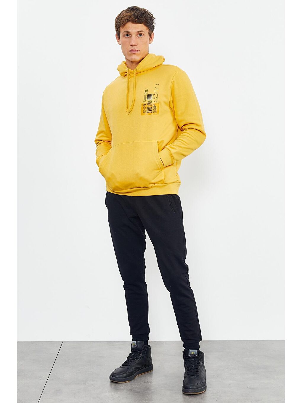 TOMMYLIFE Sarı Hardal Ön Ve Sırt Baskılı Kapüşonlu Rahat Form Erkek Sweatshirt - 88017 - 3