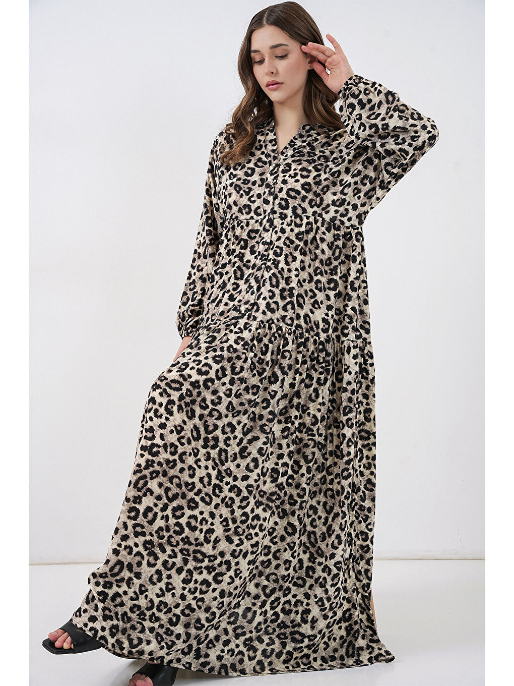 Kadın Bej Siyah Viskon Tesettür Elbise 2423