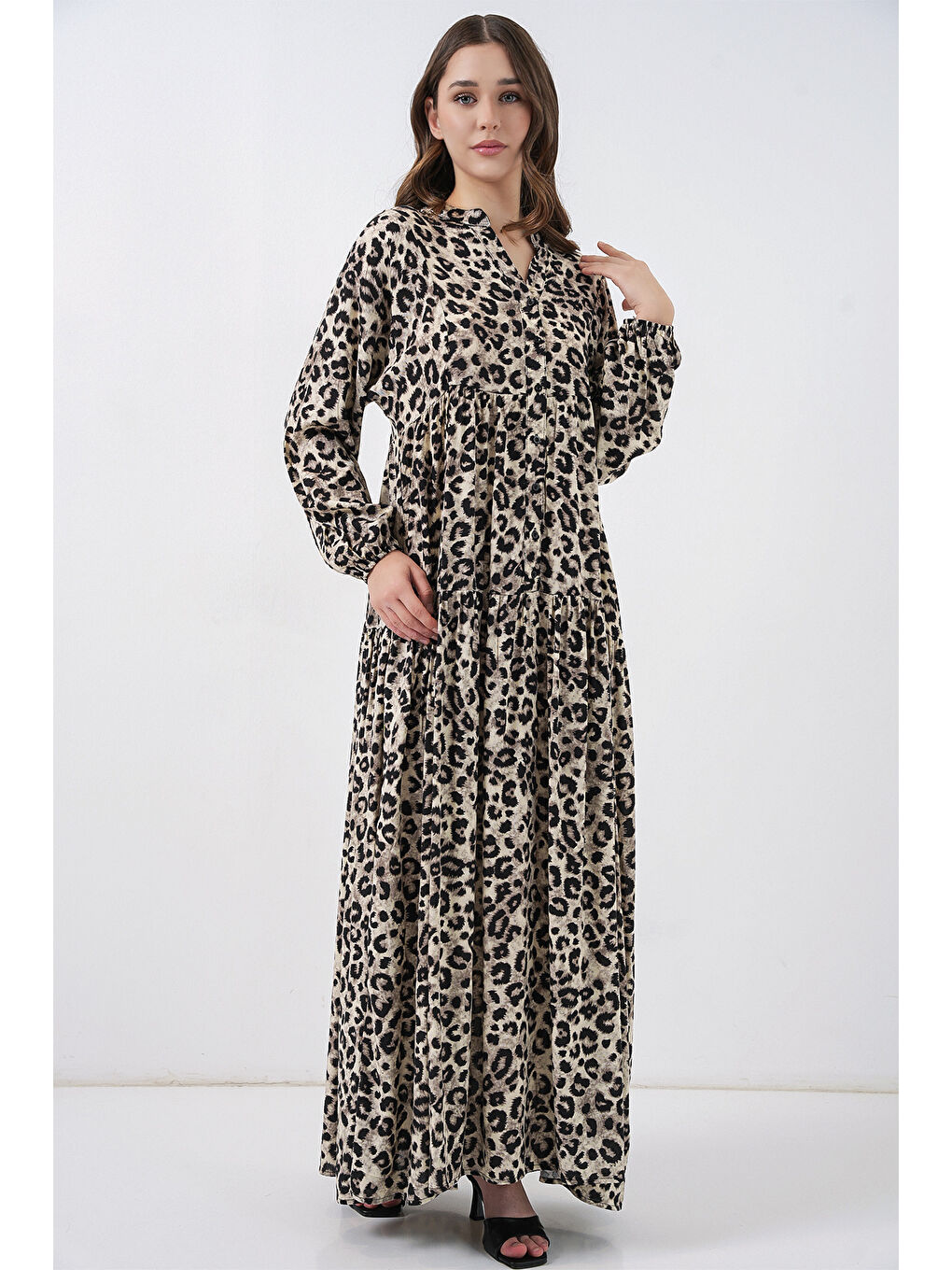 Kadın Bej Siyah Viskon Tesettür Elbise 2423-3