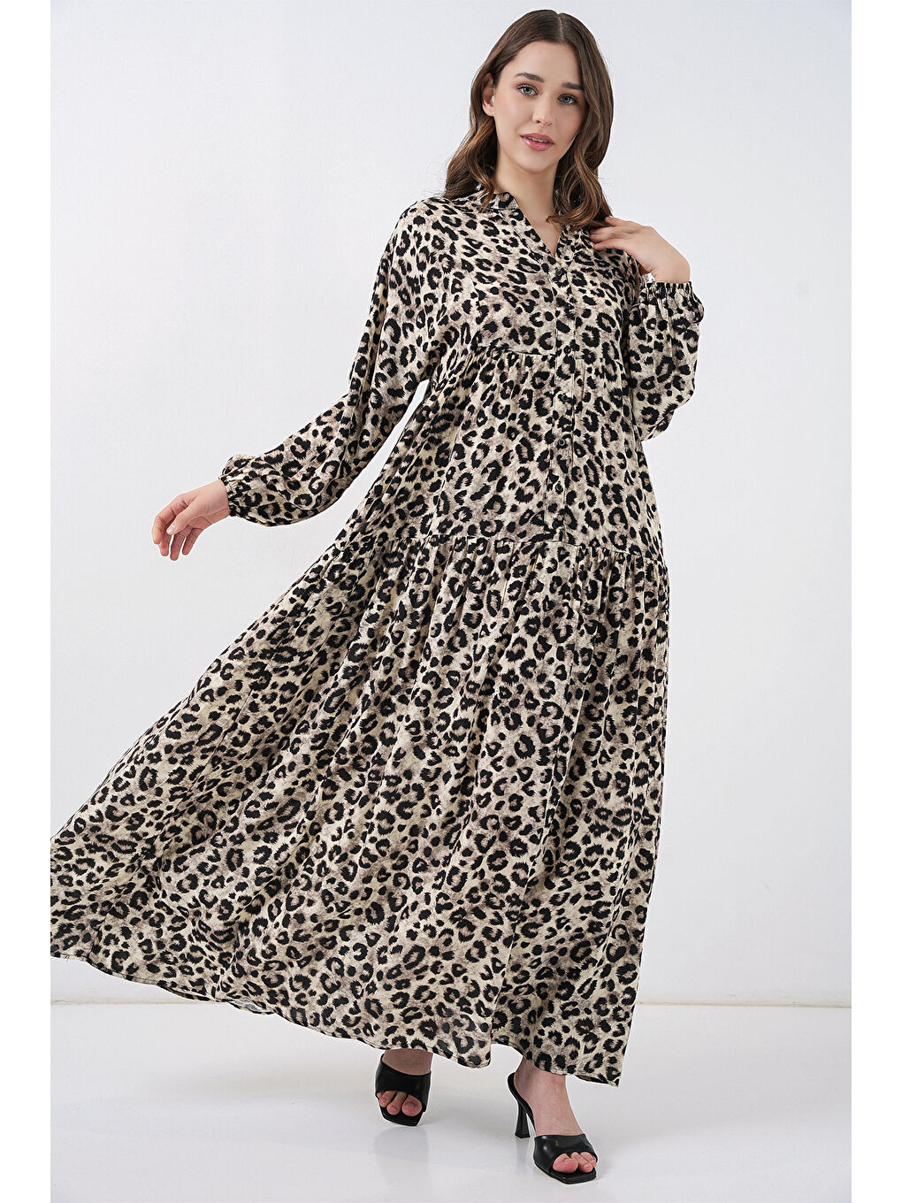 Kadın Bej Siyah Viskon Tesettür Elbise 2423-4