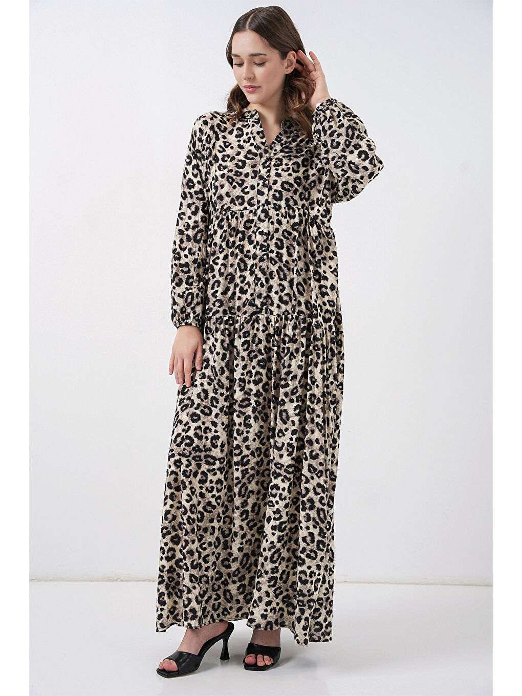 Kadın Bej Siyah Viskon Tesettür Elbise 2423-6