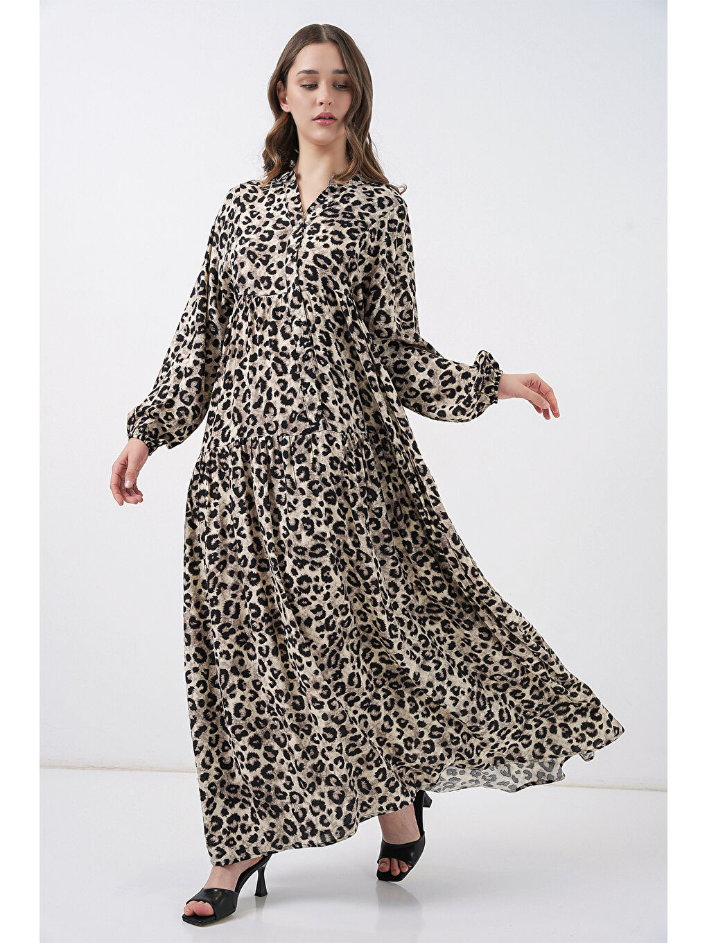 Kadın Bej Siyah Viskon Tesettür Elbise 2423-8