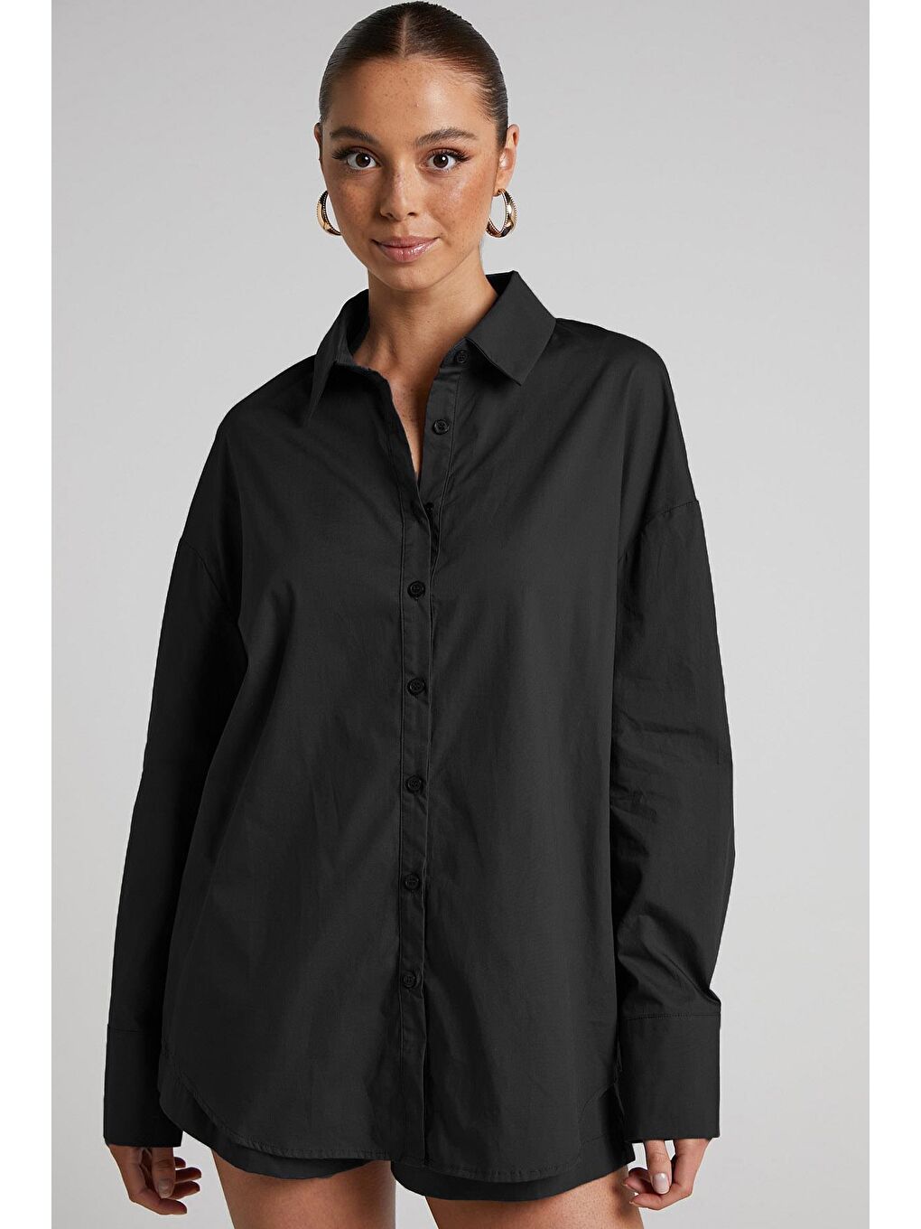 Siyah Oversize Basic Kadın Gömlek Mg1794-1