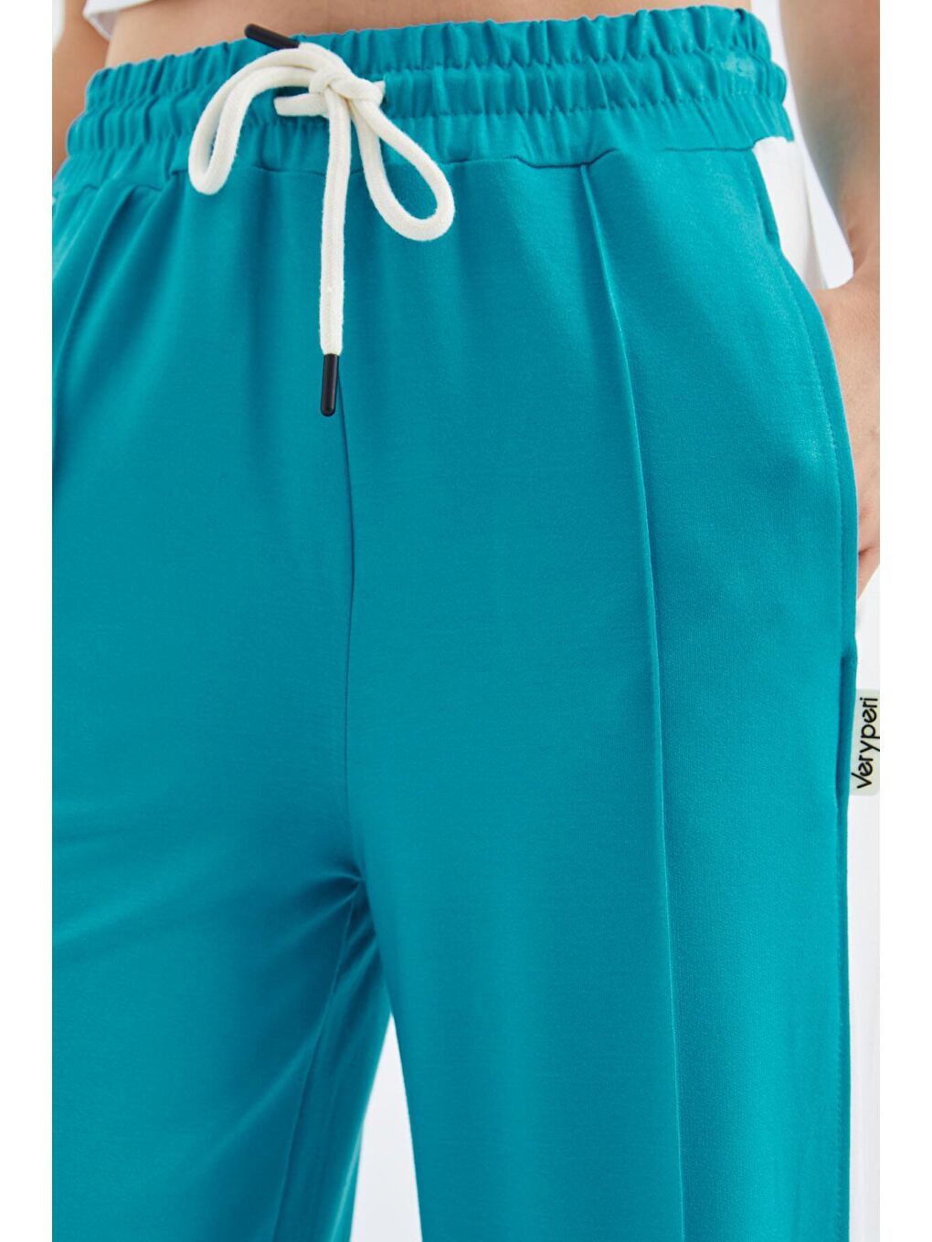 Turkuaz Bağcıklı Ön Dikiş Detaylı Geniş Paça Kadın Eşofman Alt - 02378-2