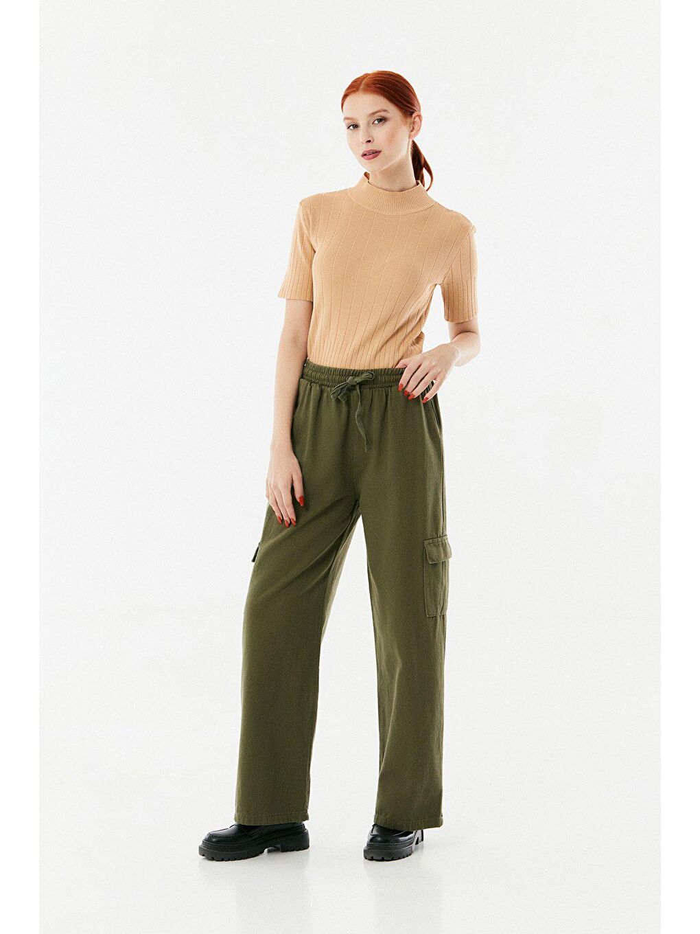 Haki Beli Lastikli Kargo Cepli Palazzo Pantolon